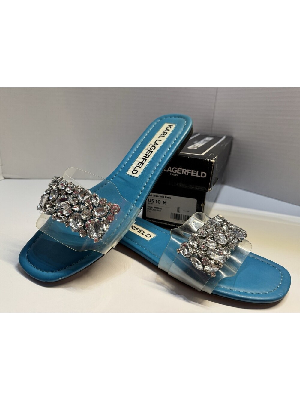 Karl Lagerfeld Mysha Women's Blue Flat Sandals w/ Clear Rhinestone Strap Size 10